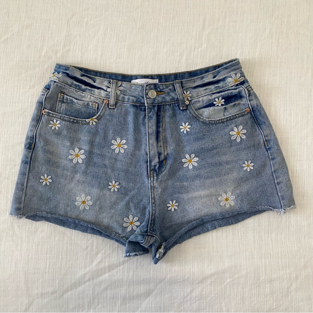 Angel Kiss Blue Jean Shorts with Floral  Daisy Embroidery